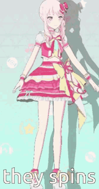 a cartoon girl in a pink dress with the words they spins written below her