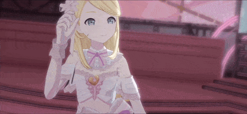 a girl with blonde hair and blue eyes is wearing a white dress and holding a flower .