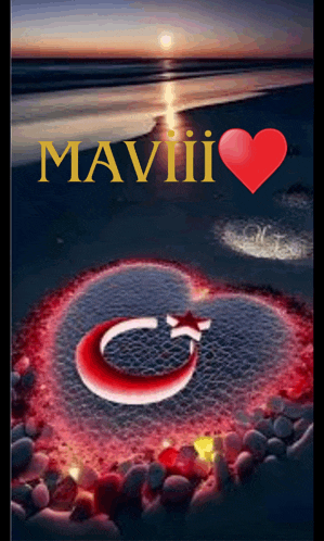 a picture of a heart on a beach with the word maviii in yellow