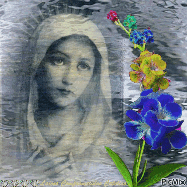 a painting of a woman with a white veil and blue flowers with the words picmix at the bottom