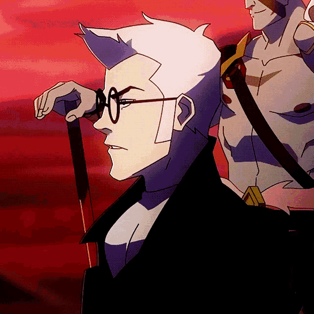a cartoon drawing of a man with glasses and a sword