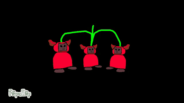 three red cartoon characters are standing next to each other on a black background with a green line between them .