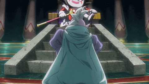 a cartoon character is sitting on a throne holding a cane