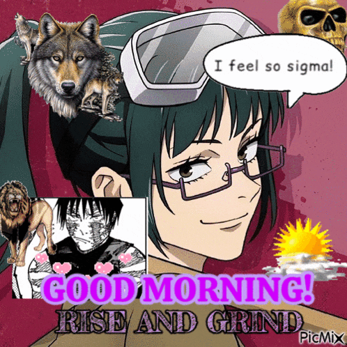 a picture of a girl with glasses and the words good morning rise and grind