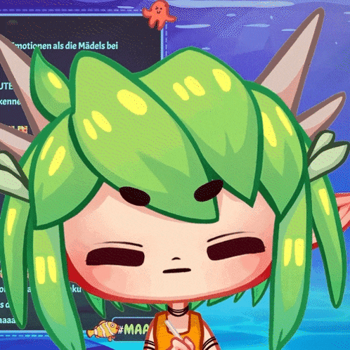 a cartoon character with green hair is standing in front of a screen that says " motionsen als die madels bei "