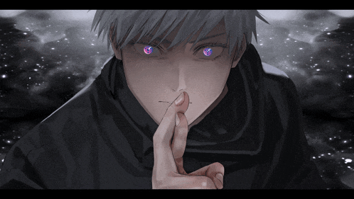 a close up of a person with purple eyes