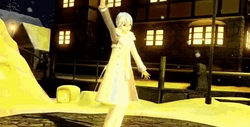 a girl in a white coat is dancing in a video game .