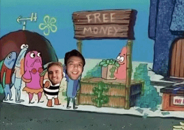 a cartoon of spongebob and patrick selling free money