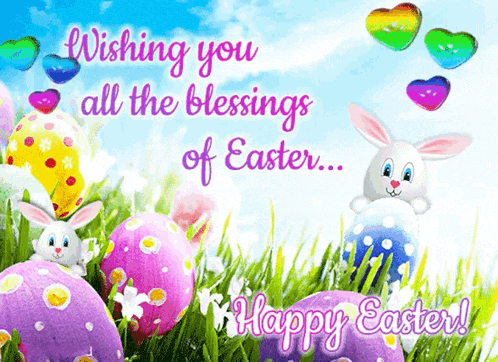 a happy easter card with easter eggs and a bunny