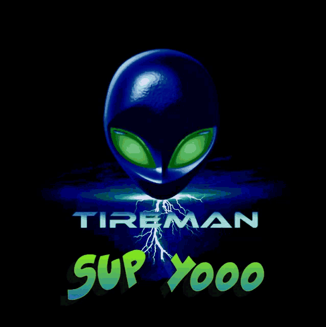 a logo for tireman sup yooo shows a blue alien with green eyes