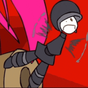 a cartoon character with a sad face is standing in front of a pink and red background