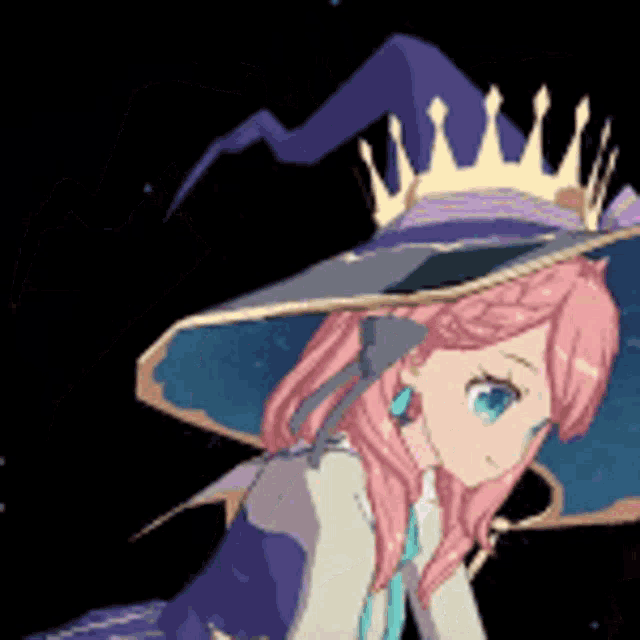 a girl with pink hair wearing a witch hat with a crown on it
