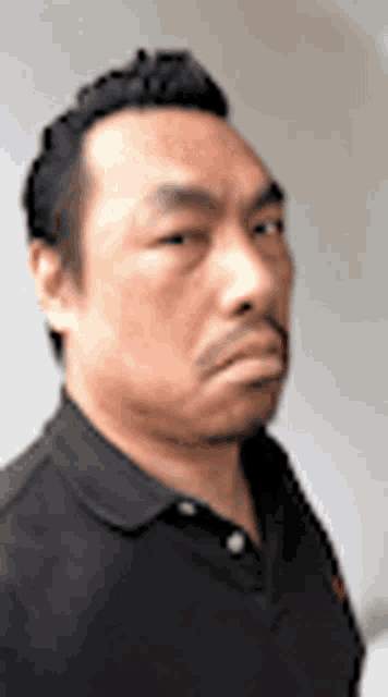 a man with a mustache is wearing a black polo shirt and looking at the camera .