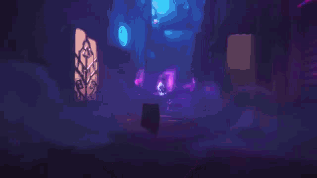 a purple and blue animated image of a person with purple wings