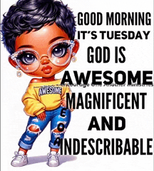 a little girl wearing glasses and a yellow sweater says good morning it 's tuesday