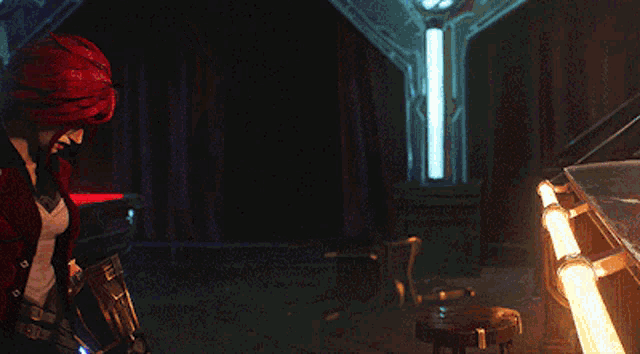 a woman with red hair is standing in a dark room holding a glowing object .