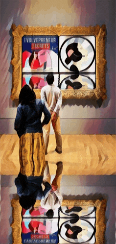 a man and woman are looking at a painting that says " evolvepreneur secrets "