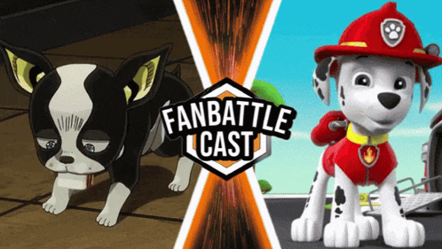 a fan battle cast poster with a dog and a fire dog