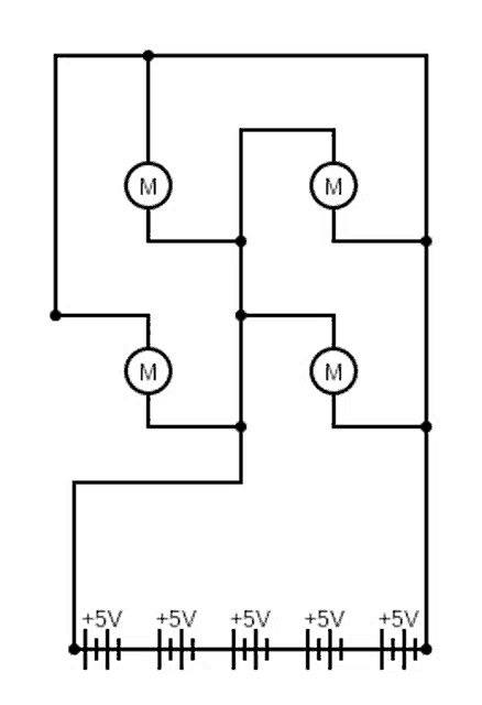 a black and white drawing of a circuit with a motor connected to each of the four wires .