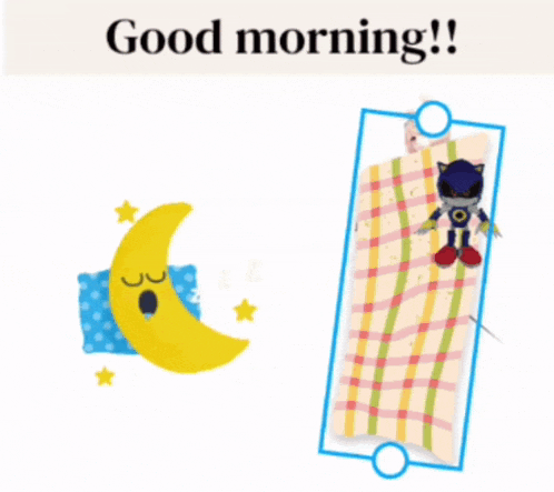 a picture of a robot and a sleeping crescent moon with the words good morning written below it