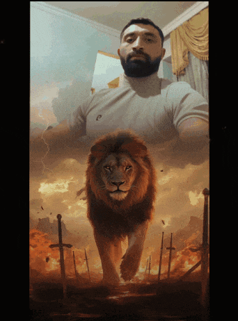 a man stands in front of a painting of a lion