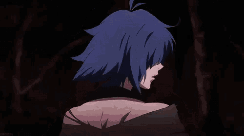 a cartoon character with blue hair is screaming in a dark room with the word anime on the bottom right