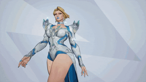 a woman in a white and blue outfit is standing in front of a blue background that says emm