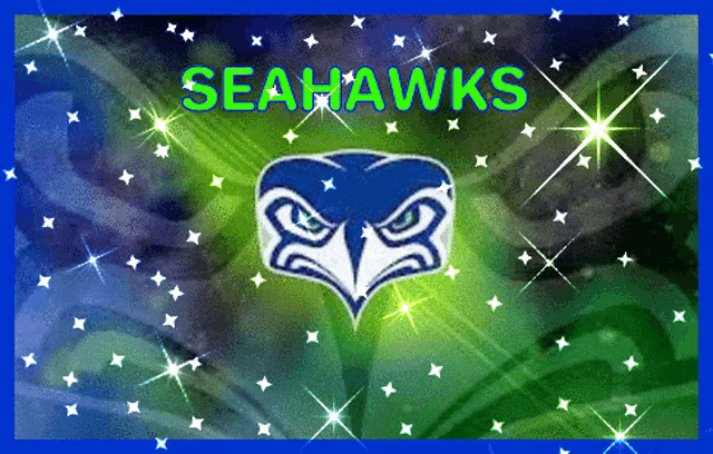 a seahawks logo is surrounded by stars on a green and blue background