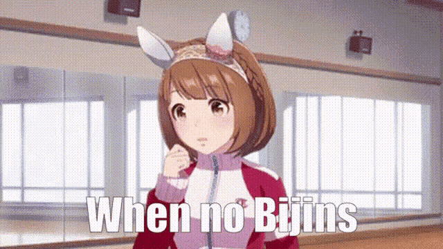 a girl with bunny ears is standing in front of a mirror with the words `` when no bijins '' .