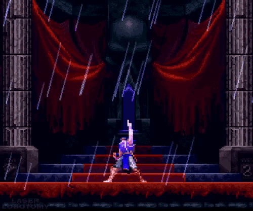 a pixel art of a person holding a sword with the words laser robotomy on the bottom right