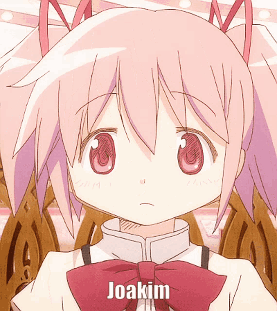a close up of a pink haired anime girl with the name joakim written below her
