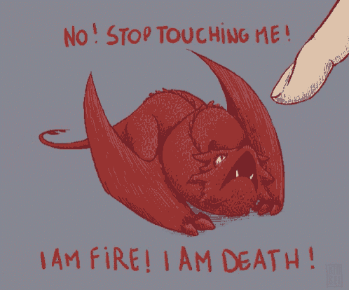 a drawing of a dragon with the words " no stop touching me i am fire i am death "