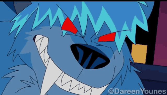 a cartoon drawing of a blue werewolf with red eyes and teeth by dareen younes