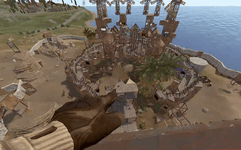 a screenshot of a video game shows a circular area with a palm tree in the center