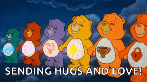 a group of care bears standing next to each other with the words sending hugs and love below them .