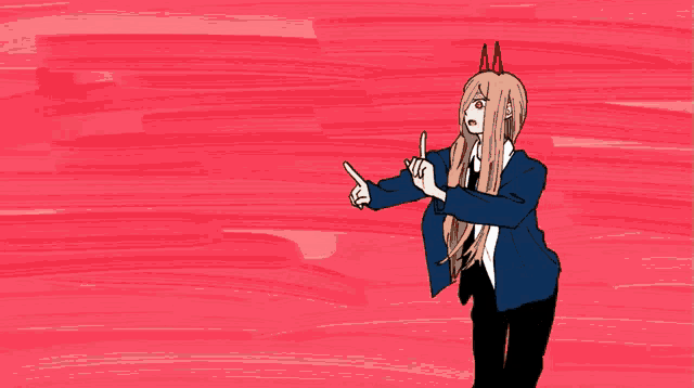a drawing of a girl with long pink hair pointing her finger