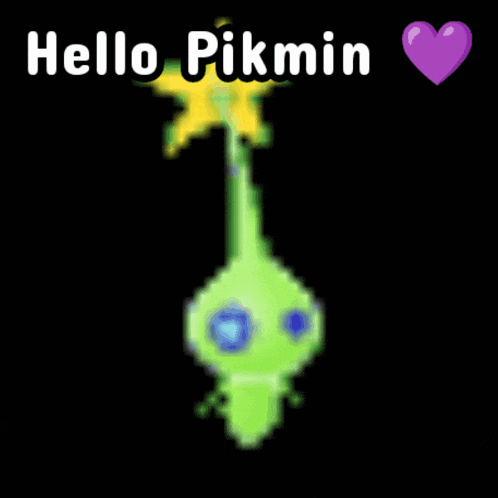 a picture of a green plant and a yellow star with the words hello pikmin below it