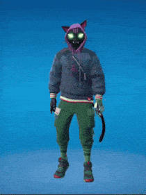 a cat wearing a purple hoodie and green pants stands with his arms outstretched