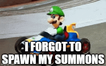 a toy mario is driving a go kart on a race track with the caption i forgot to spawn my summons