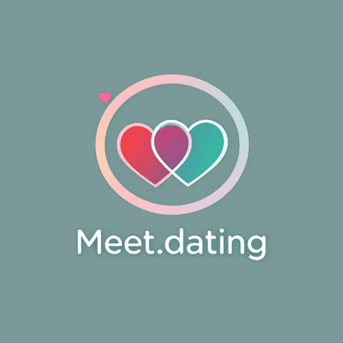 a logo for meet.dating with two hearts in a circle on a grey background