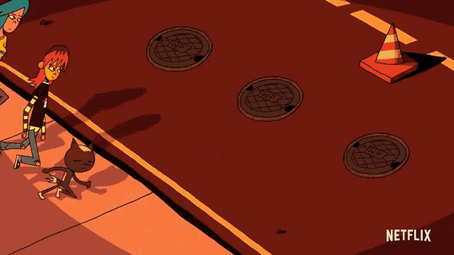 a cartoon of a family walking down a street with a netflix logo on the bottom right