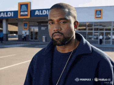 a man in a blue jacket stands in front of an aldi
