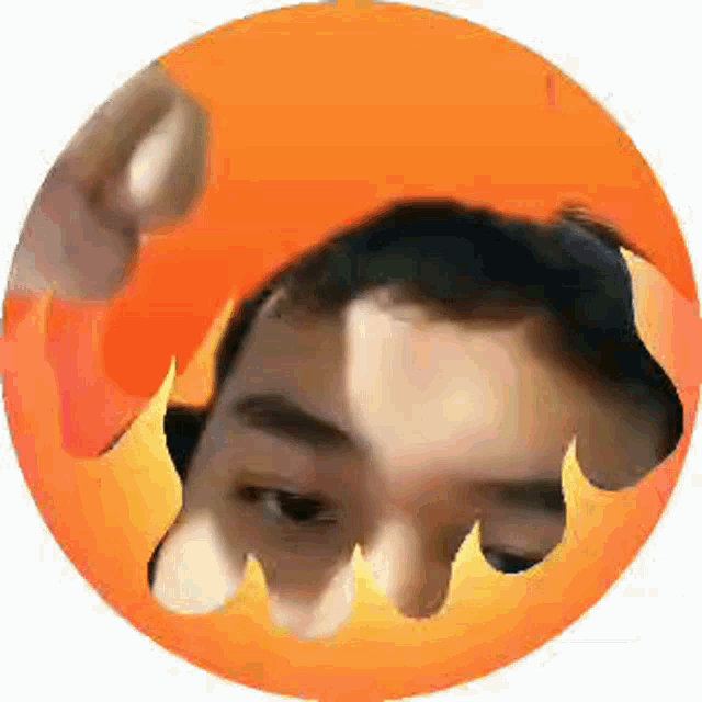 a man 's face is visible in an orange circle on a white background