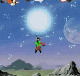 a cartoon of a man flying through the air surrounded by other cartoon characters
