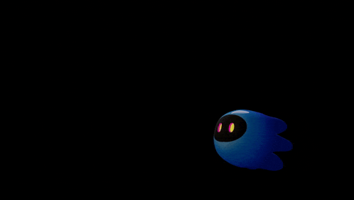 a blue robot with yellow eyes is floating in the dark