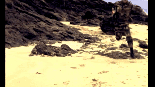 a blurred image of a person walking on a rocky beach
