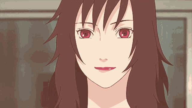 a close up of a woman with red eyes