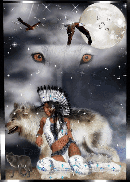a woman in a native american headdress sits with two wolves