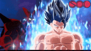 a man in a muscle suit is standing in front of a monster .