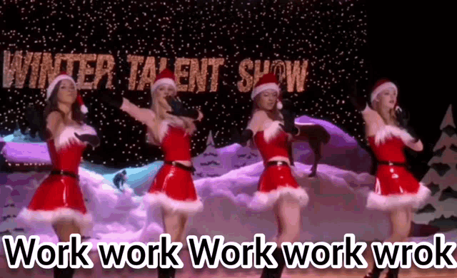 a group of women dressed in santa costumes are dancing in front of a winter talent show sign